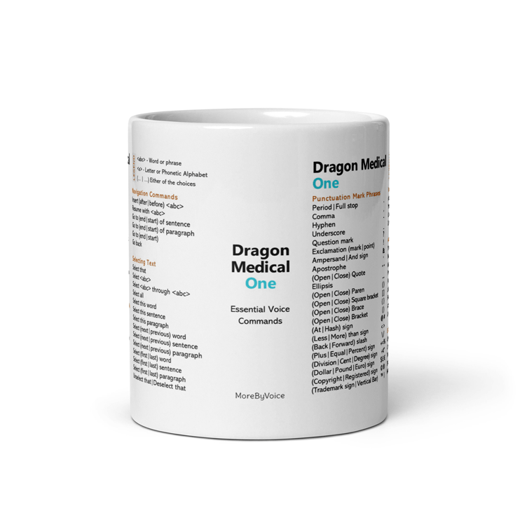 White ceramic mug printed with essential Dragon Medical One voice commands