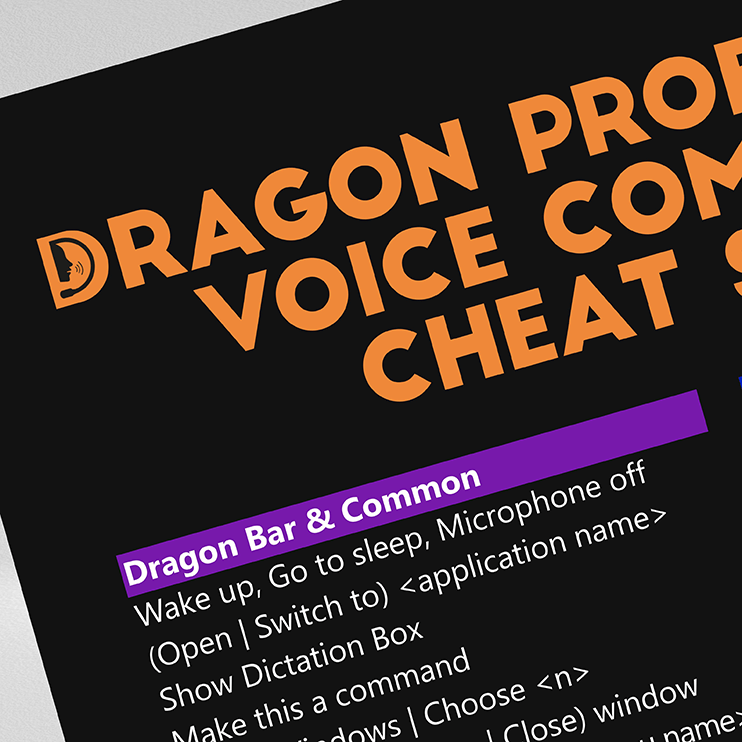 dragon-professional-cheat-sheet-segoe-ui-dark-dp005-01-corner-mbvdp004 Detail section of dark mode Dragon Professional voice commands cheat sheet showing common command phrases in Segoe UI