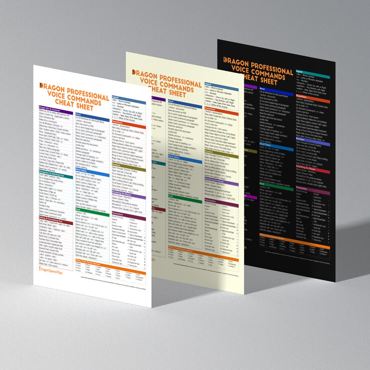 dragon-professional-cheat-sheet-segoe-ui-standing-mbvdp004 White, sepia, and dark-mode Dragon Professional voice commands cheat sheets displayed standing — command categories