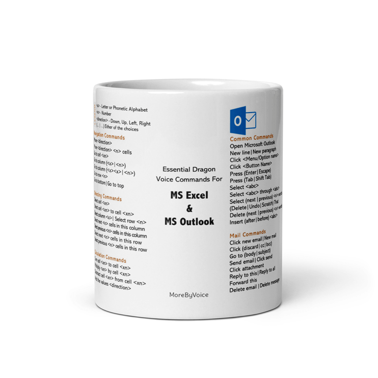 White ceramic mug printed with essential Dragon Professional voice commands for MS Excel & MS Outlook