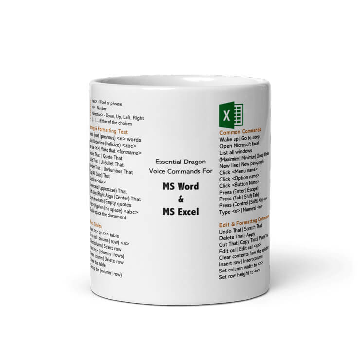 White ceramic mug printed with essential Dragon Professional voice commands for MS Word & MS Excel