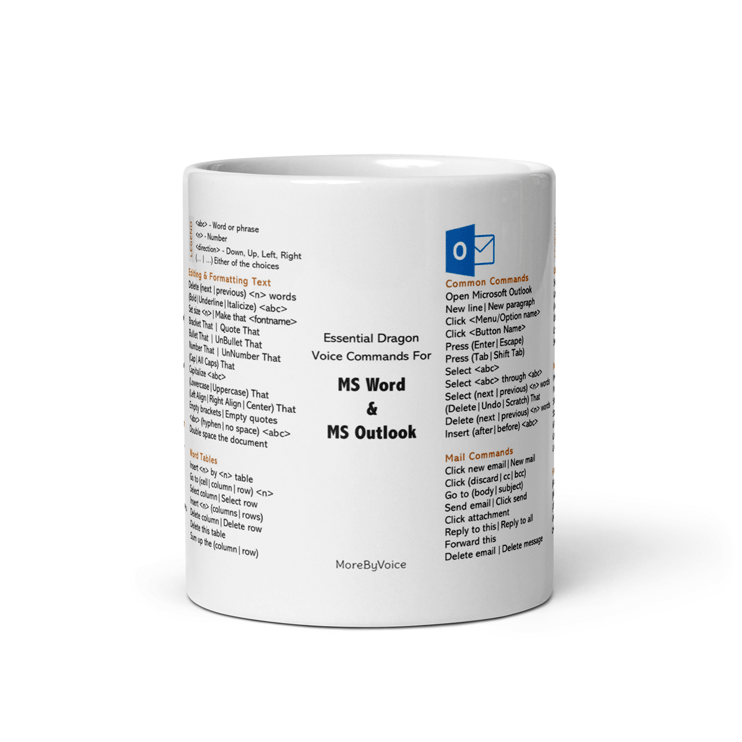 White ceramic mug printed with essential Dragon Professional voice commands for MS Word & MS Outlook