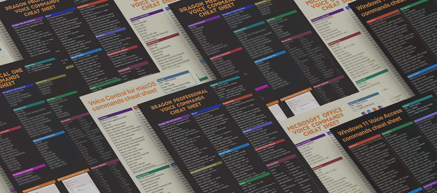 A colorful collage of MoreByVoice command cheat sheets for Dragon Professional, Windows 11, macOS Voice Control, and Microsoft Office.