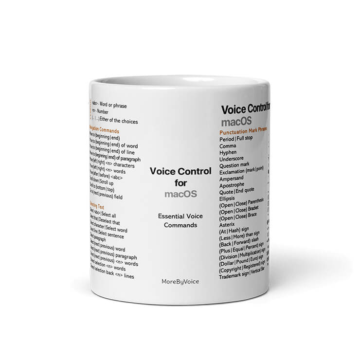 White ceramic mug printed with essential macOS Voice Control commands