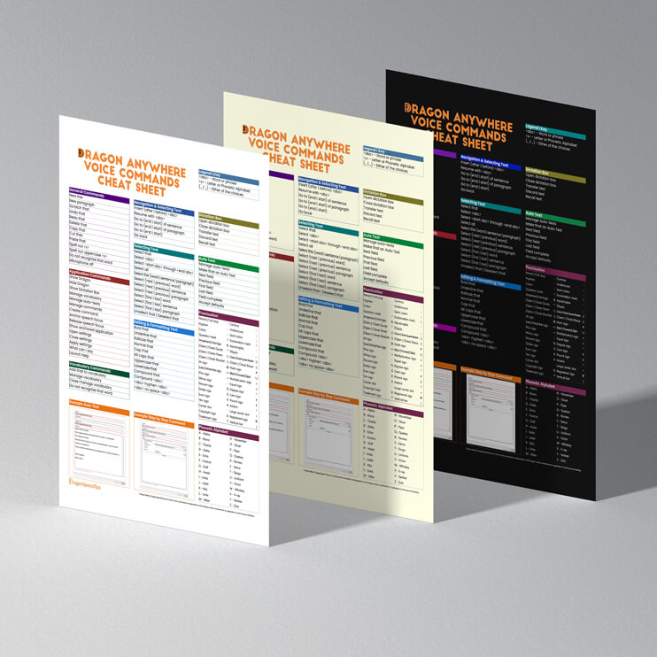 dragon-anywhere-cheat-sheet-daw004-poppins-standing White, sepia, and dark-mode Dragon Anywhere cheat sheets displayed standing — command categories