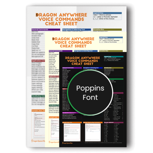 Three overlapping versions of the Dragon Anywhere voice commands cheat sheet showcasing white, sepia, and dark mode background options, featuring a Poppins font product badge