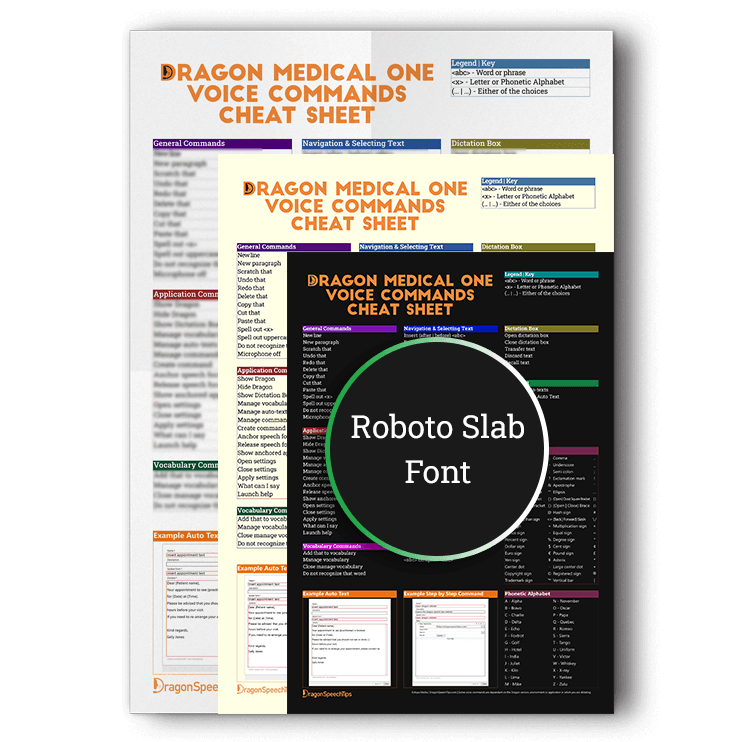 Three overlapping versions of the Dragon Medical One voice commands cheat sheet showcasing white, sepia, and dark mode background options, featuring a Roboto Slab font product badge