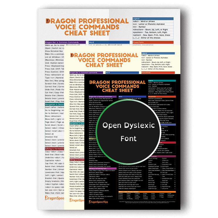 Three overlapping versions of the Dragon Professional voice commands cheat sheet showcasing white, sepia, and dark mode background options, featuring a Open Dyslexic font product badge