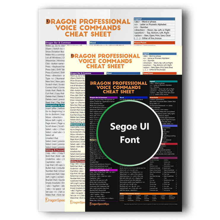 Three overlapping versions of the Dragon Professional voice commands cheat sheet showcasing white, sepia, and dark mode background options, featuring a Segoe UI font product badge