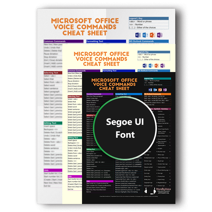 Three overlapping versions of the Microsoft Office 365 voice commands cheat sheet showcasing white, sepia, and dark mode background options, featuring a Segoe UI font product badge