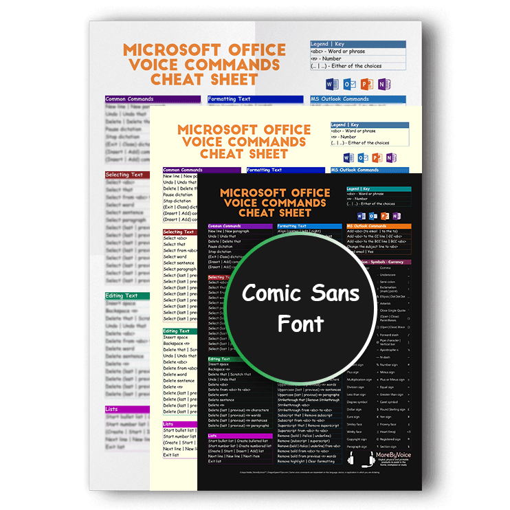 Three overlapping versions of the Microsoft Office 365 voice commands cheat sheet showcasing white, sepia, and dark mode background options, featuring a Comic Sans font product badge