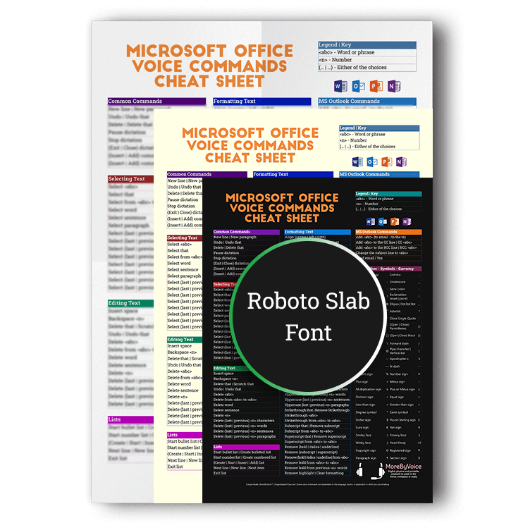 Three overlapping versions of the Microsoft Office 365 voice commands cheat sheet showcasing white, sepia, and dark mode background options, featuring a Roboto Slab font product badge