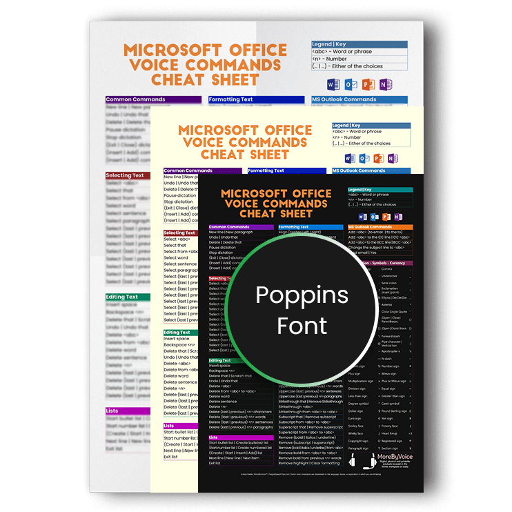 Three overlapping versions of the Microsoft Office 365 voice commands cheat sheet showcasing white, sepia, and dark mode background options, featuring a Poppins font product badge