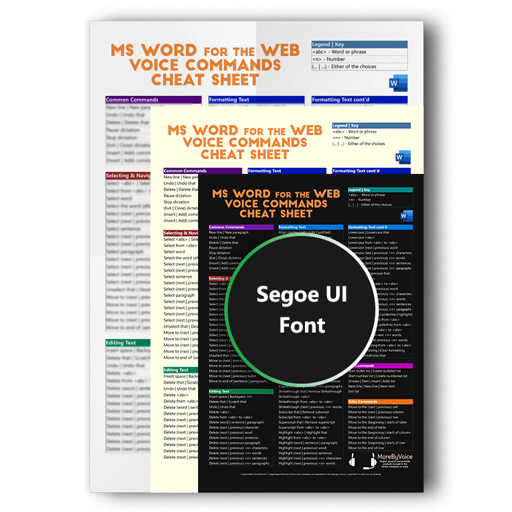 Three overlapping versions of the Microsoft Word for the web voice commands cheat sheet showcasing white, sepia, and dark mode background options, featuring a Segoe UI font product badge