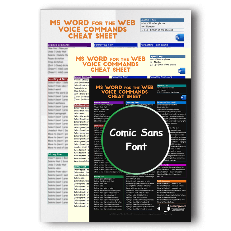 Three overlapping versions of the Microsoft Word for the web voice commands cheat sheet showcasing white, sepia, and dark mode background options, featuring a Comic Sans font product badge
