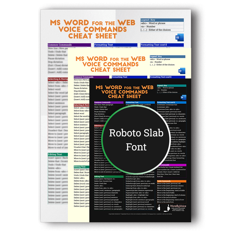Three overlapping versions of the Microsoft Word for the web voice commands cheat sheet showcasing white, sepia, and dark mode background options, featuring a Roboto Slab font product badge