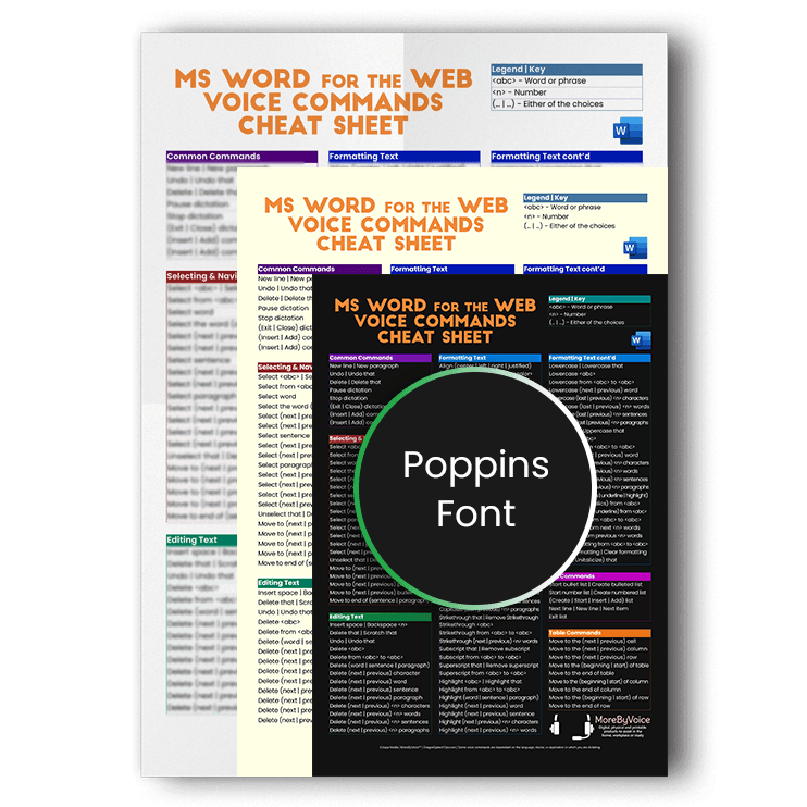 Three overlapping versions of the Microsoft Word for the web voice commands cheat sheet showcasing white, sepia, and dark mode background options, featuring a Poppins font product badge